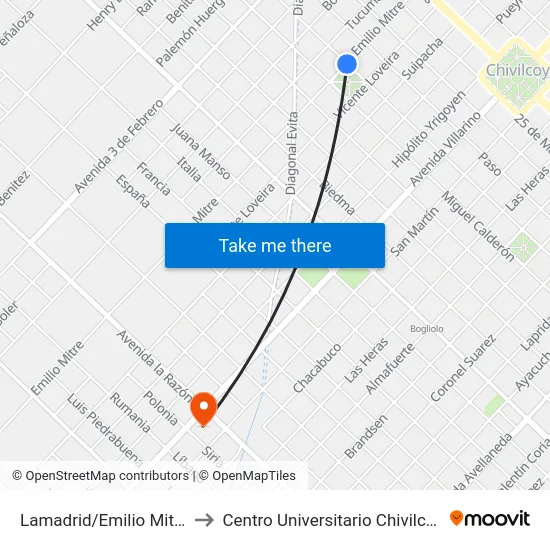 Lamadrid/Emilio Mitre to Centro Universitario Chivilcoy map