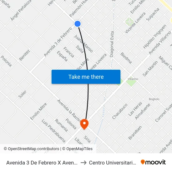 Avenida 3 De Febrero X Avenida Echeverría to Centro Universitario Chivilcoy map