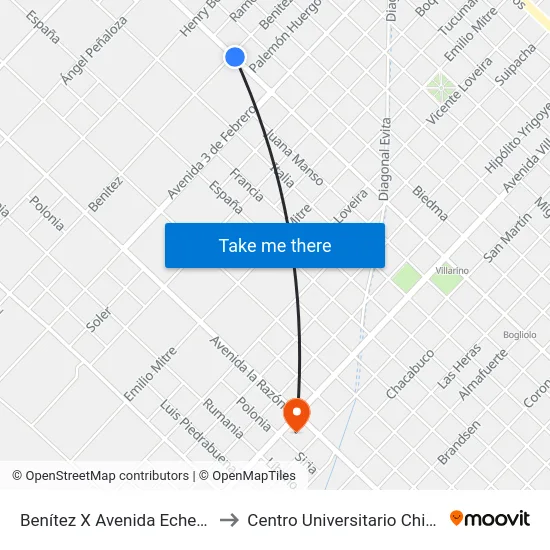 Benítez X Avenida Echeverría to Centro Universitario Chivilcoy map