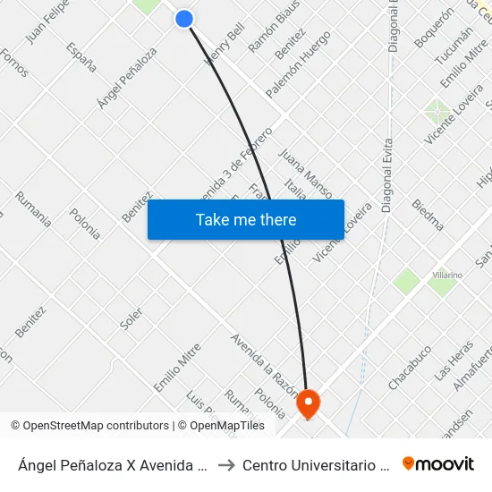 Ángel Peñaloza X Avenida Echeverría to Centro Universitario Chivilcoy map