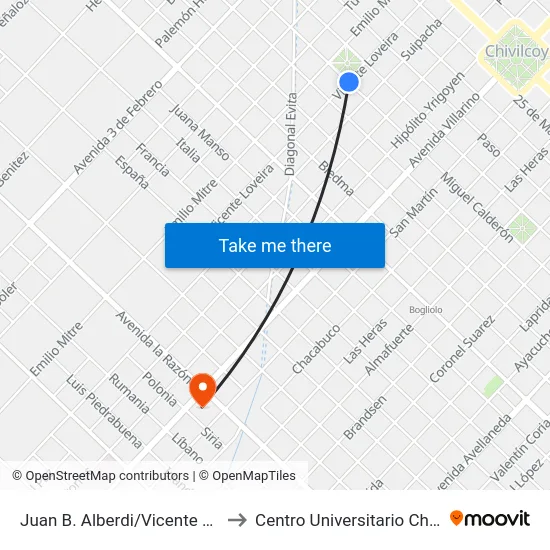 Juan B. Alberdi/Vicente Loveira to Centro Universitario Chivilcoy map