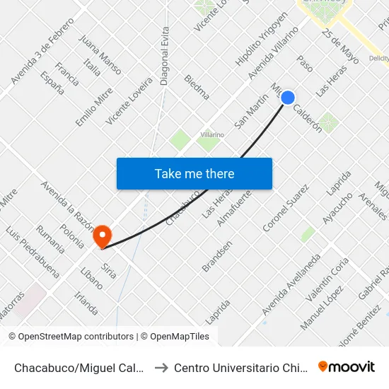 Chacabuco/Miguel Calderón to Centro Universitario Chivilcoy map