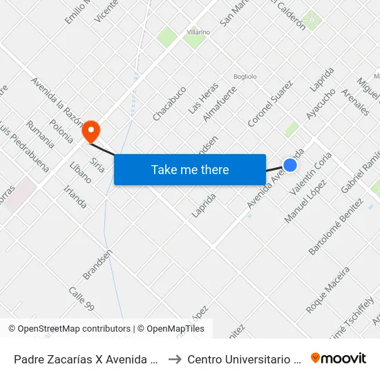 Padre Zacarías X Avenida Avellaneda to Centro Universitario Chivilcoy map