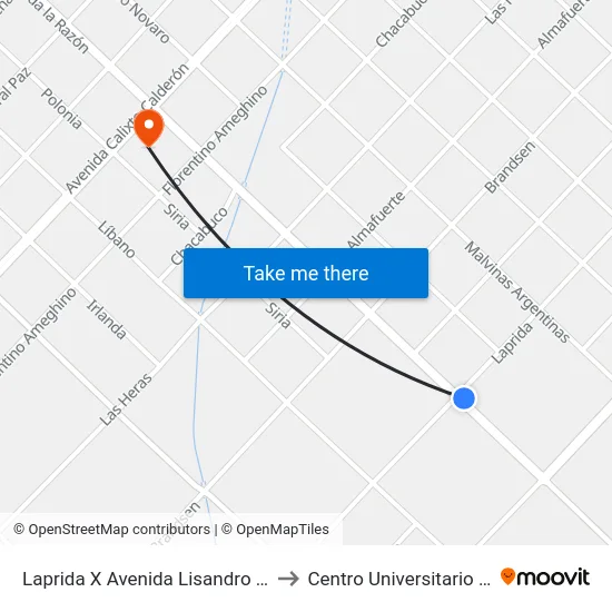 Laprida X Avenida Lisandro De La Torre to Centro Universitario Chivilcoy map