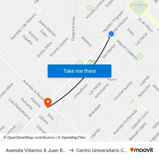 Avenida Villarino X Juan B. Alberdi to Centro Universitario Chivilcoy map