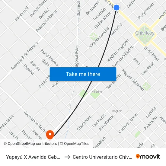 Yapeyú X Avenida Ceballos to Centro Universitario Chivilcoy map