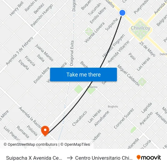 Suipacha X Avenida Ceballos to Centro Universitario Chivilcoy map