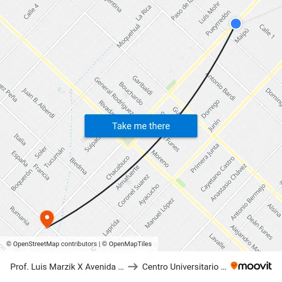 Prof. Luis Marzik X Avenida J. L. Suárez to Centro Universitario Chivilcoy map