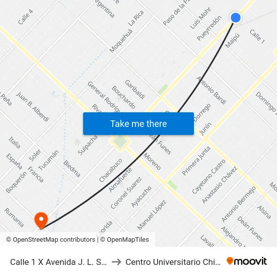 Calle 1 X Avenida J. L. Suárez to Centro Universitario Chivilcoy map
