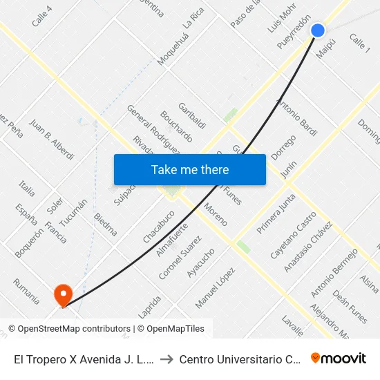El Tropero X Avenida J. L. Suárez to Centro Universitario Chivilcoy map