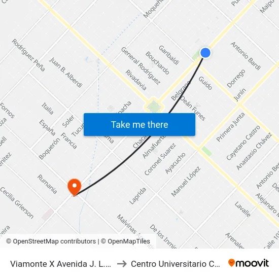 Viamonte X Avenida J. L. Suárez to Centro Universitario Chivilcoy map