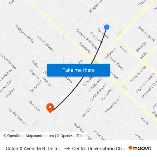 Colón X Avenida B. De Irigoyen to Centro Universitario Chivilcoy map