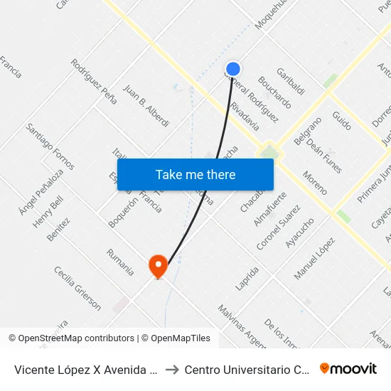 Vicente López X Avenida Urquiza to Centro Universitario Chivilcoy map