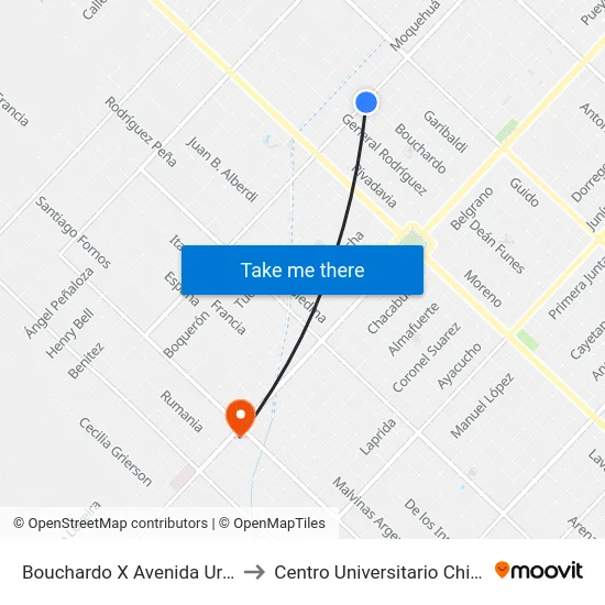 Bouchardo X Avenida Urquiza to Centro Universitario Chivilcoy map