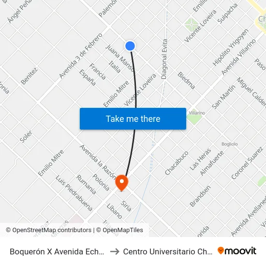 Boquerón X Avenida Echeverría to Centro Universitario Chivilcoy map