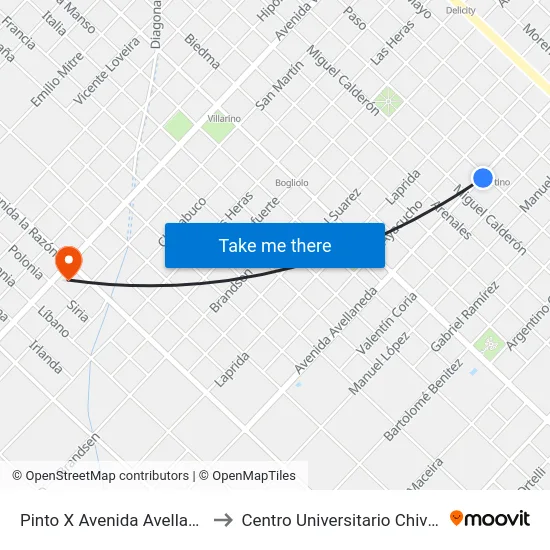 Pinto X Avenida Avellaneda to Centro Universitario Chivilcoy map