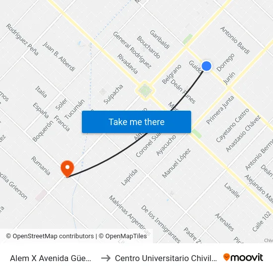Alem X Avenida Güemes to Centro Universitario Chivilcoy map