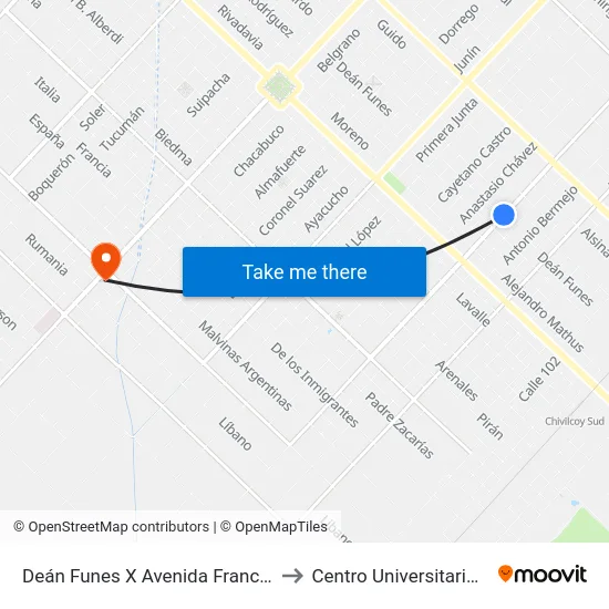 Deán Funes X Avenida Francisco Laborde to Centro Universitario Chivilcoy map