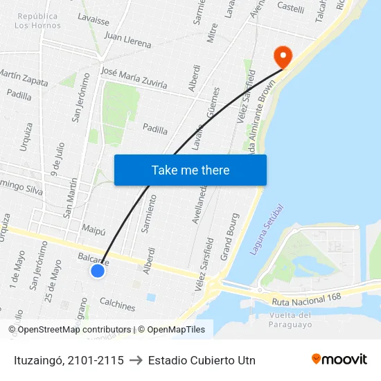 Ituzaingó, 2101-2115 to Estadio Cubierto Utn map