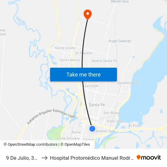 9 De Julio, 3079 to Hospital Protomédico Manuel Rodríguez map