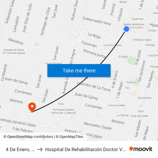 4 De Enero, 2792 to Hospital De Rehabilitación Doctor Vera Candioti map