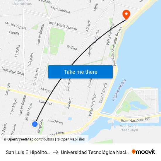 San Luis E Hipólito Yrigoyen to Universidad Tecnológica Nacional Santa Fe map