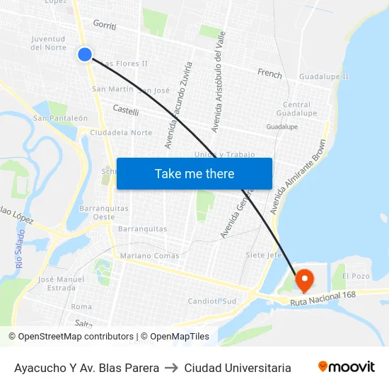 Ayacucho Y Av. Blas Parera to Ciudad Universitaria map