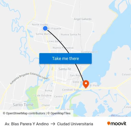 Av. Blas Parera Y Andino to Ciudad Universitaria map