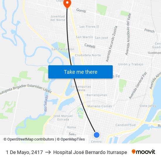 1 De Mayo, 2417 to Hospital José Bernardo Iturraspe map