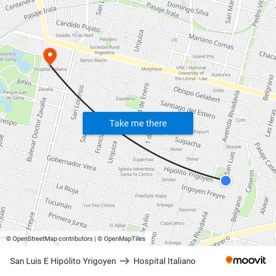 San Luis E Hipólito Yrigoyen to Hospital Italiano map