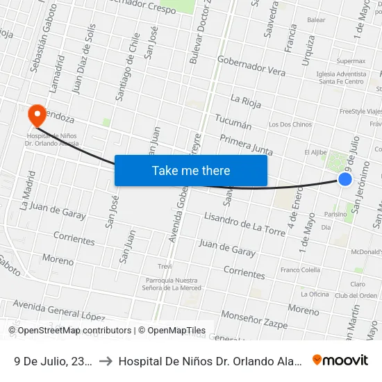 9 De Julio, 2398 to Hospital De Niños Dr. Orlando Alassia map
