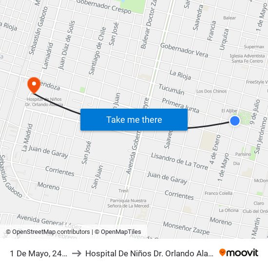1 De Mayo, 2417 to Hospital De Niños Dr. Orlando Alassia map
