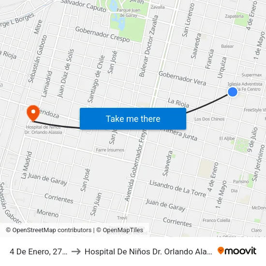 4 De Enero, 2792 to Hospital De Niños Dr. Orlando Alassia map