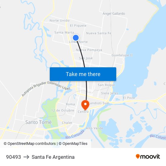 90493 to Santa Fe Argentina map