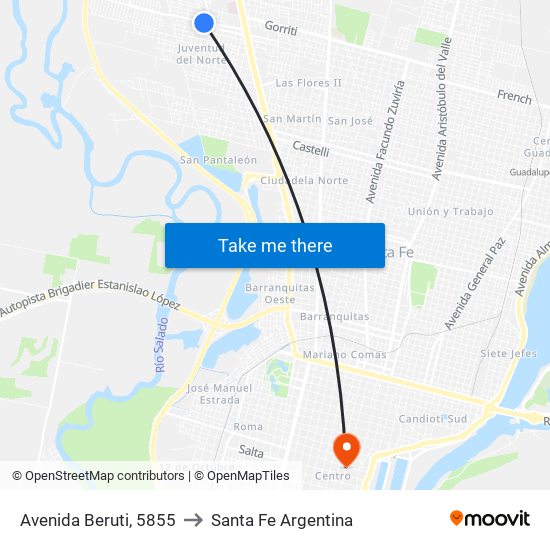 Avenida Beruti, 5855 to Santa Fe Argentina map