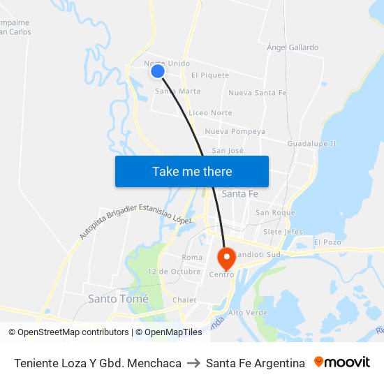 Teniente Loza Y Gbd. Menchaca to Santa Fe Argentina map