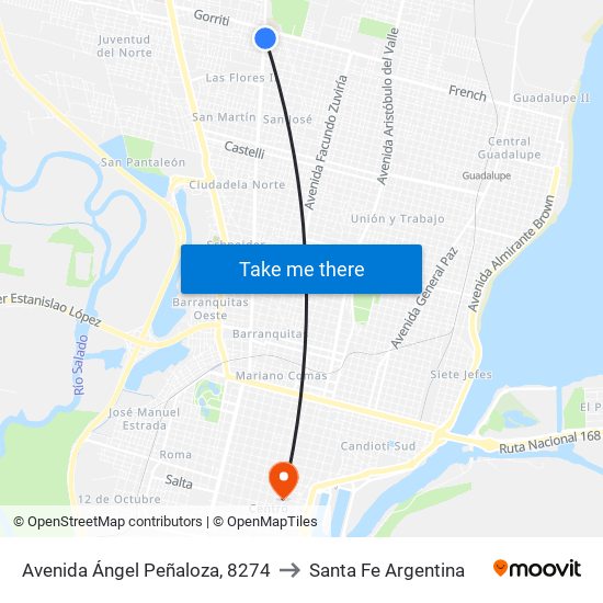 Avenida Ángel Peñaloza, 8274 to Santa Fe Argentina map