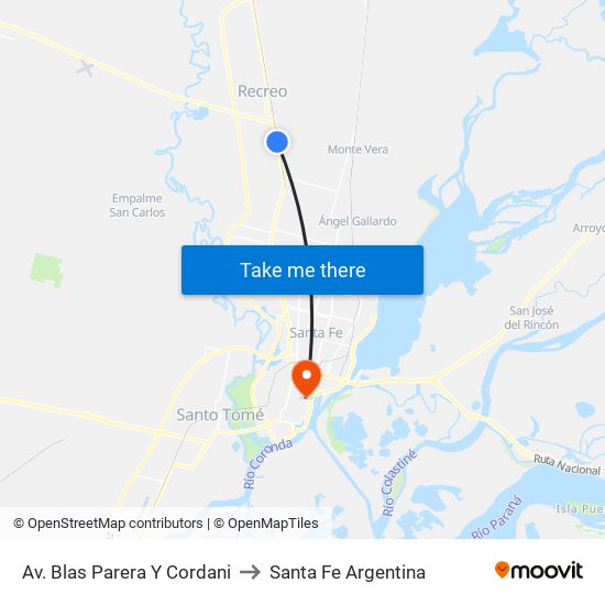 Av. Blas Parera Y Cordani to Santa Fe Argentina map
