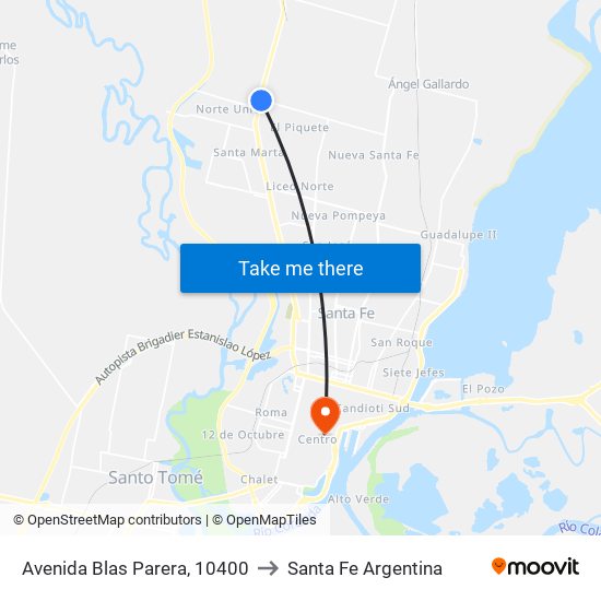 Avenida Blas Parera, 10400 to Santa Fe Argentina map