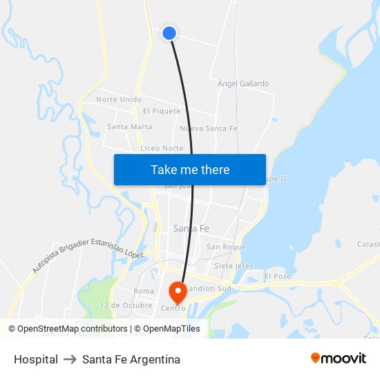 Hospital to Santa Fe Argentina map