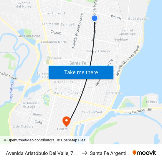 Avenida Aristóbulo Del Valle, 7901 to Santa Fe Argentina map