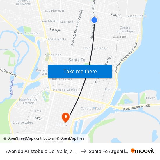Avenida Aristóbulo Del Valle, 7700 to Santa Fe Argentina map