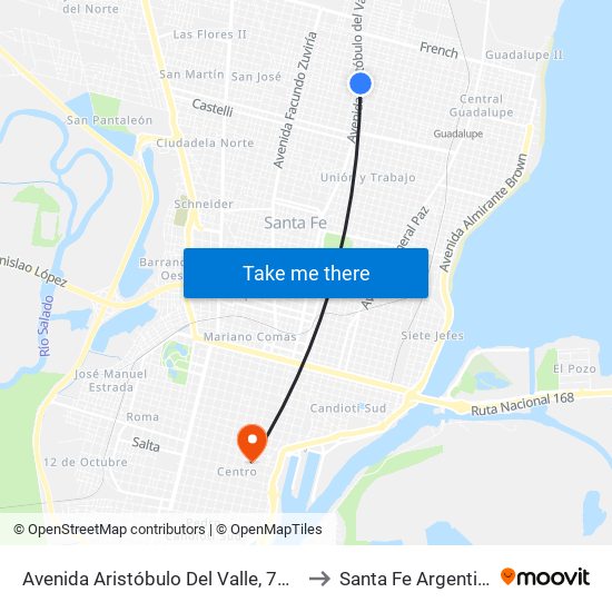 Avenida Aristóbulo Del Valle, 7501 to Santa Fe Argentina map