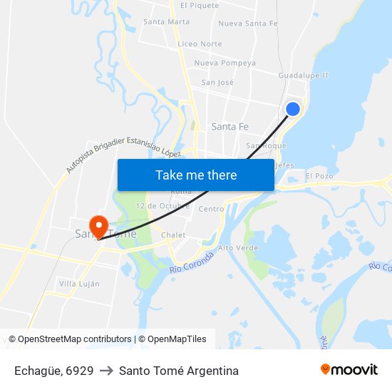 Echagüe, 6929 to Santo Tomé Argentina map