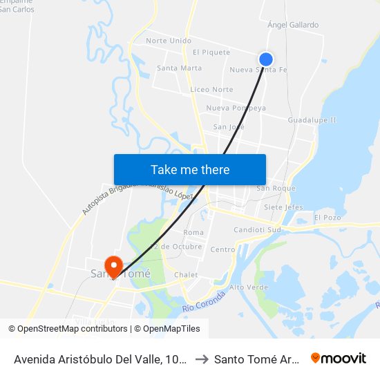 Avenida Aristóbulo Del Valle, 10504-10608 to Santo Tomé Argentina map
