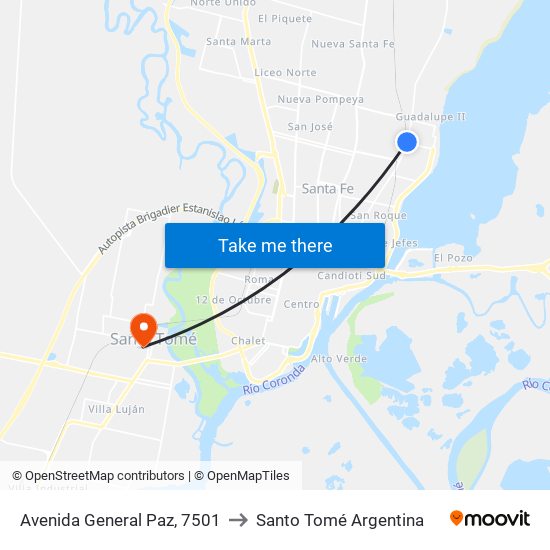Avenida General Paz, 7501 to Santo Tomé Argentina map