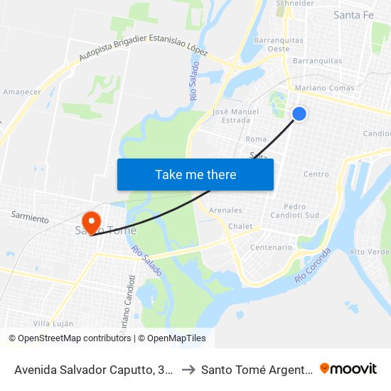 Avenida Salvador Caputto, 3417 to Santo Tomé Argentina map
