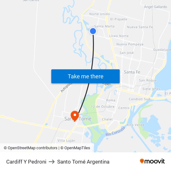 Cardiff Y Pedroni to Santo Tomé Argentina map