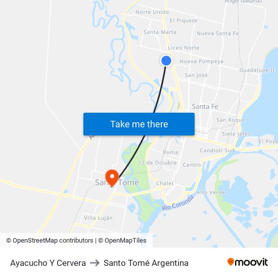 Ayacucho Y Cervera to Santo Tomé Argentina map