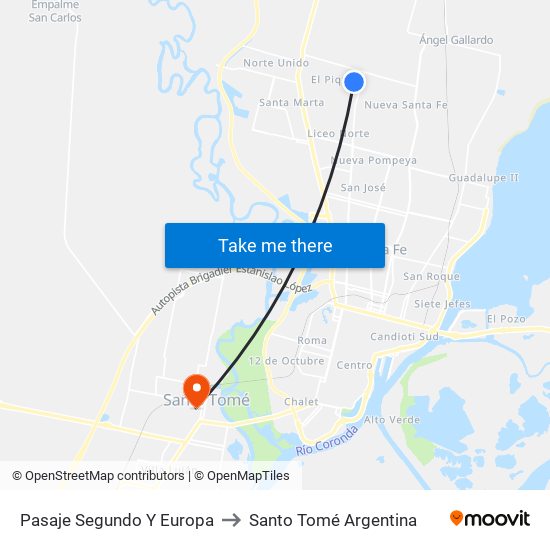 Pasaje Segundo Y Europa to Santo Tomé Argentina map